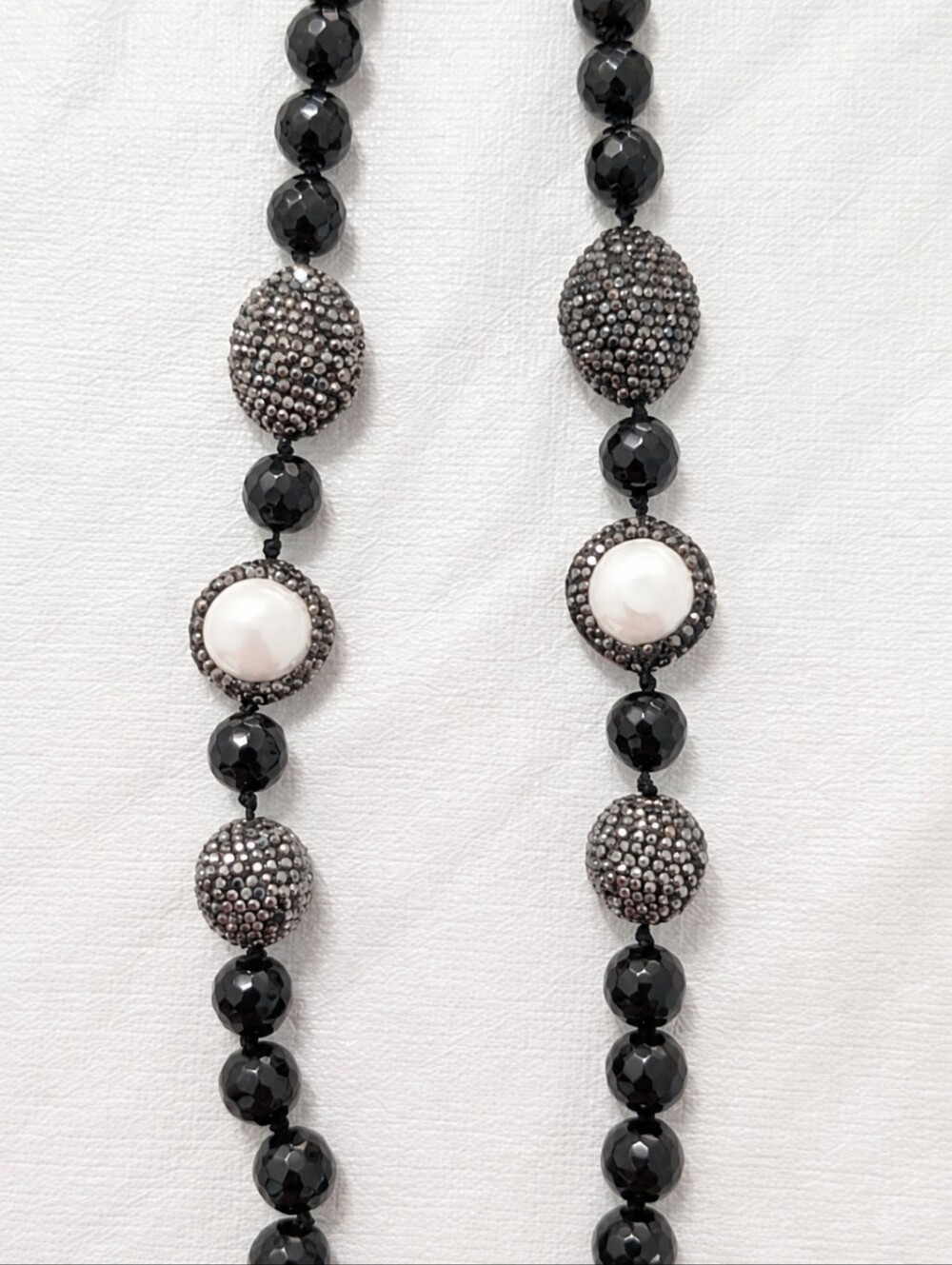 Long Black Beaded Necklace Rhinestone Faux Pearl Statement Piece Glam Jewelry